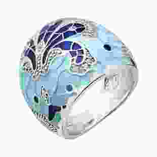 Серебряное кольцо с мятной эмалью Райская птица