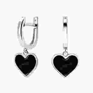 Срібні сережки з чорною емаллю "Серце"