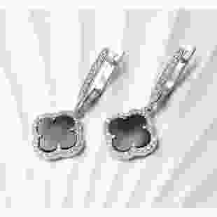 Срібні сережки Чотирилисник з чорним оніксом 