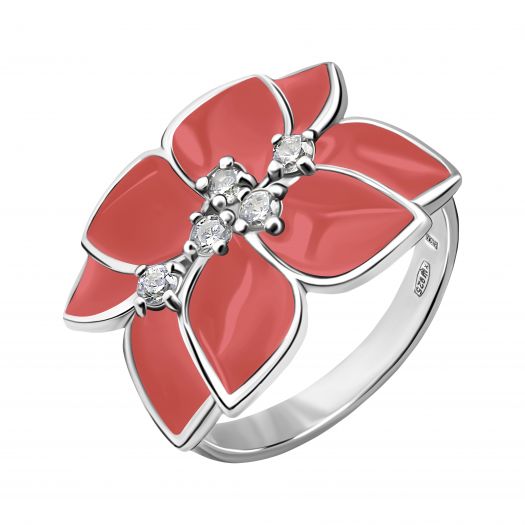 Серебряное кольцо с кораловой эмалью Смелость