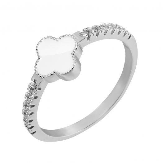 Серебряное кольцо с белой эмалью Клевер