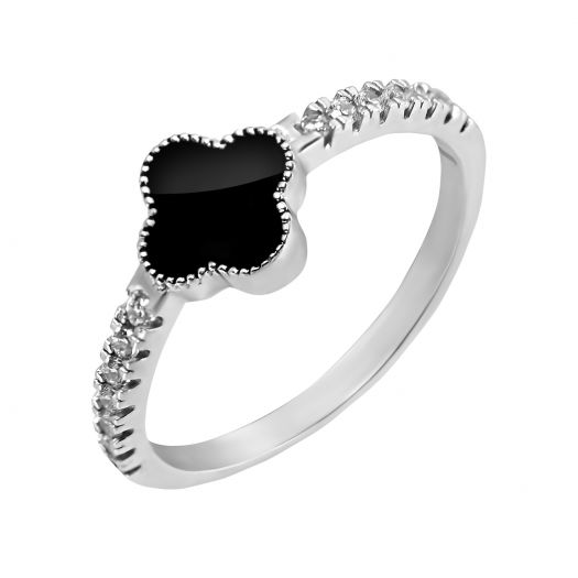 Серебряное кольцо с черной эмалью Клевер