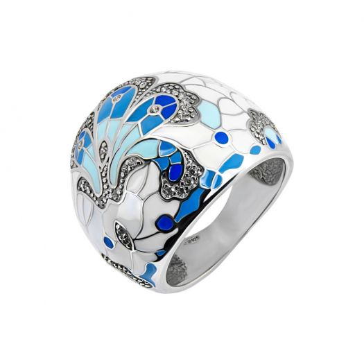 Серебряное кольцо с белой эмалью Райская птица