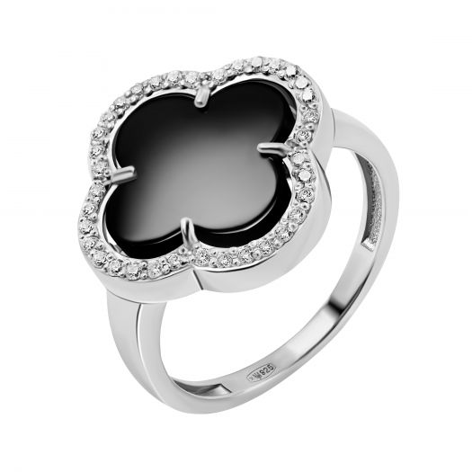 Серебряное кольцо с ониксом Клевер