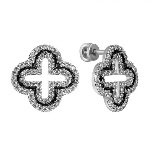 Срібні сережки з емаллю та білим камінням Чотирилисник