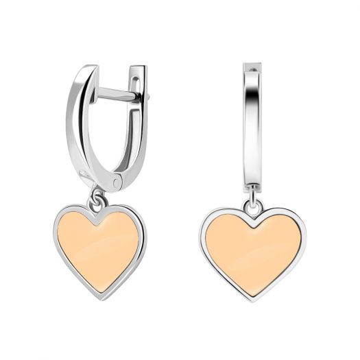 Срібні сережки з бежевою емаллю "Серце"